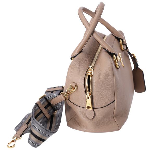 PRADA Vitello Phenix Bauletto Handbag 1BB086 Taupe Pebbled Leather - Picture 9 of 9